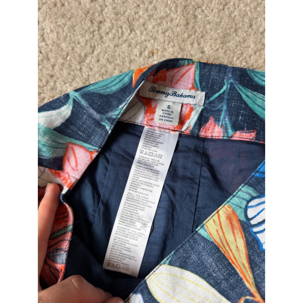 Tommy Bahama Mini Skirt Linen Tropical Hibiscus Floral Navy Blue Size 6 - Picture 4 of 9